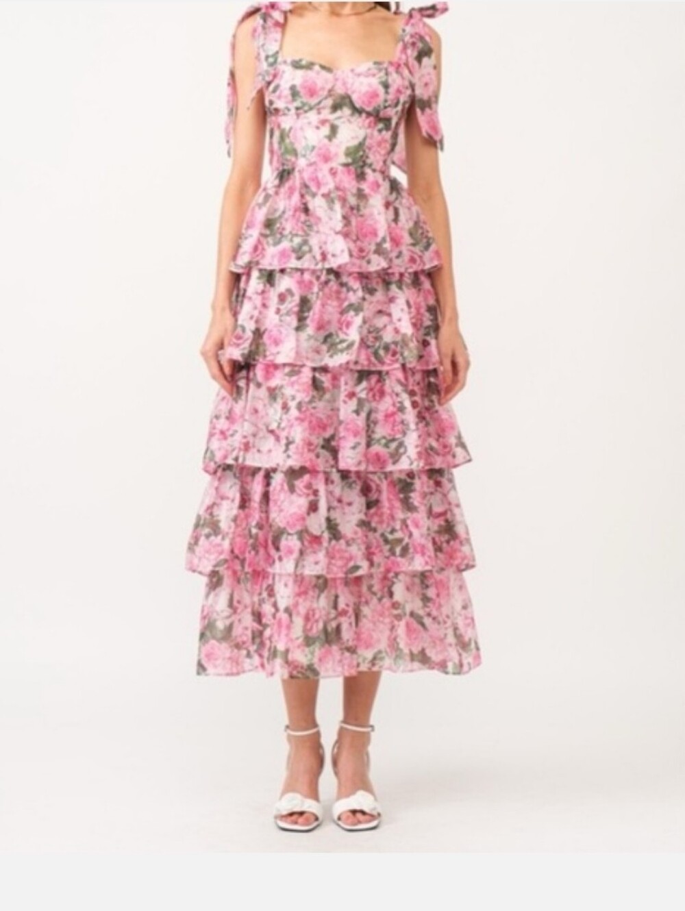 Pink Floral Tiered Midi Skirt